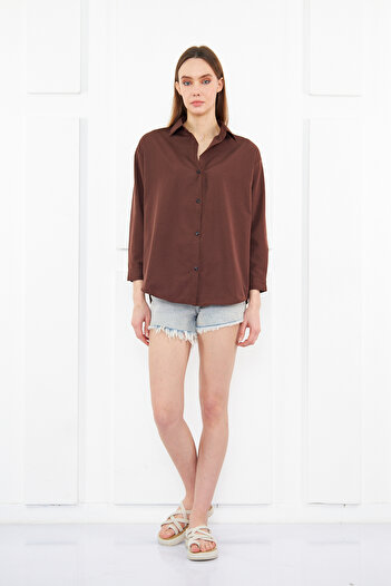 brako tekstil Women's Brown Oversize Long Basic Shirt