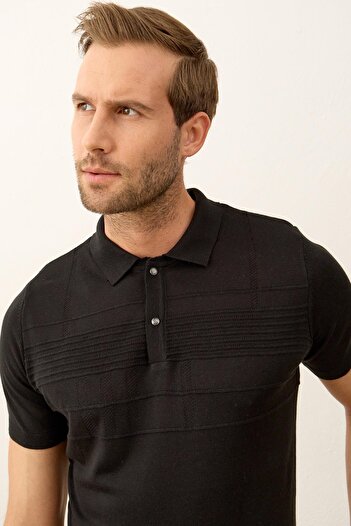 Danger Men's Line Patterned Slim-fit Fit Polo Collar Summer Knitwear T-shirt Black