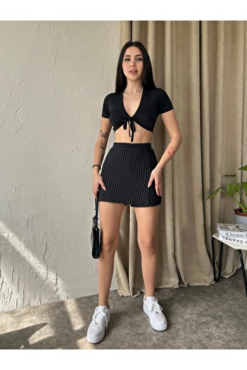 Fav Style Mini pantaloni scurți de damă cu talie înaltă, cu dungi, cu model, fustă neagră