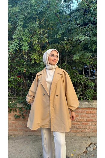 ensade Balloon Sleeve Midi Length Woven Summer Trench Coat