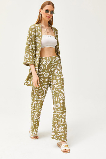 Olalook Women's Ethnic Khaki Top Kimono Bottom Pocket Trousers Set TKM-19000276