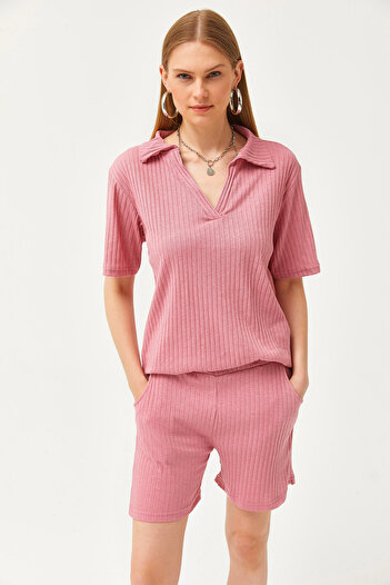 Olalook Women's Dusty Rose Polo Collar Top Pocket Shorts Ribbed Suit TKM-19000197