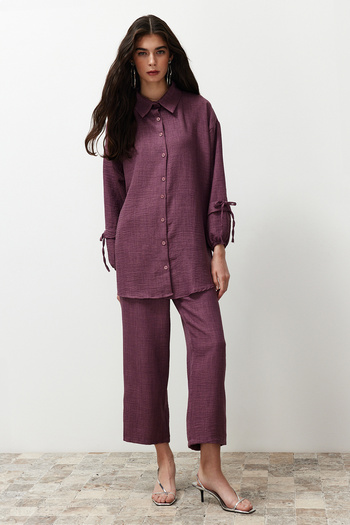 Trendyol Modest Plum Linen Look Woven Top and Bottom Set TCTSS24US00062