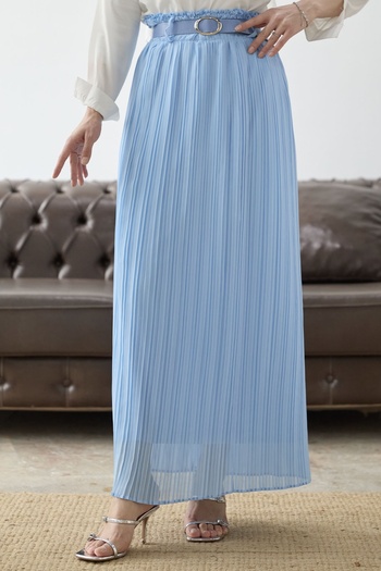 InStyle Fusta din șifon cu talie adunată cu centură - Baby Blue