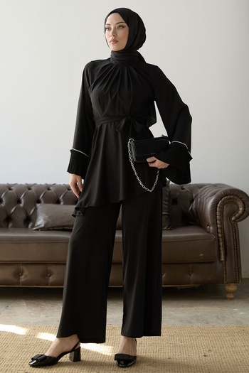 InStyle Pleated Sleeve Belted Double Set - Black
