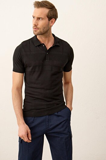 Danger Men's Line Patterned Slim-fit Fit Polo Collar Summer Knitwear T-shirt Black