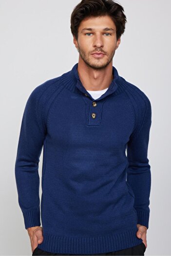 Tudors Navy Blue Slim Fit Knitwear Sweater - Stand Collar and Button Detail