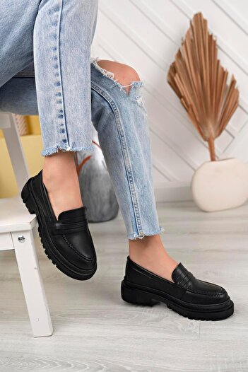 Aymood Kadın Loafer Yuvarlak Burun Maskülen Bağcıksız Yüksek Dolgu Taban Oxford Ayakkabı E Siyah Cilt