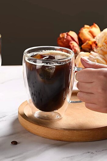 Tilbe Home Çift Cidarlı Kupa Bardak 350 Ml Ofis Ev Espresso Kahve Çay Fincanı Borosilikat Kulplu Cam Bardağı