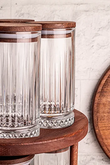 Snippy Tomira - 9 Piece Glass Storage Container with Wooden Rotating Stand and Vacuum Lid Spice Bowl Set 450 ml