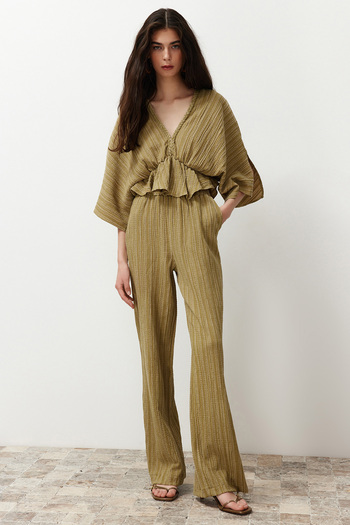 Trendyol Collection Oil Green Elastic Waist Textured Fabric Woven Pants Twoss24Pl00142