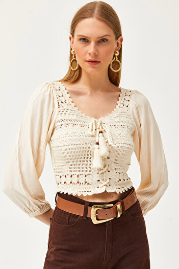 Olalook Women's Stone Crochet Braided Sleeves Balloon Crop Blouse BLZ-19002611