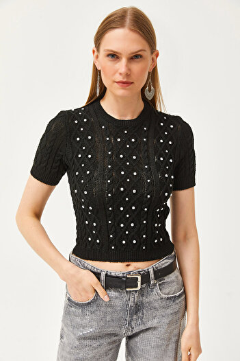 Olalook Women's Black Crew Neck Stone Detailed Frieze Knitwear Blouse BLZ-19002620