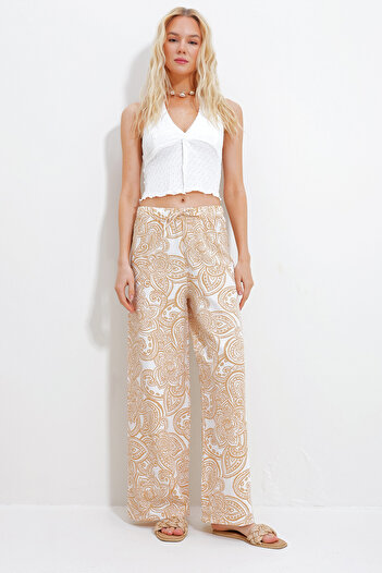 Trend Alaçatı Stili Women's Beige Floral Patterned Linen Woven Palazzo Trousers ALC-X11861