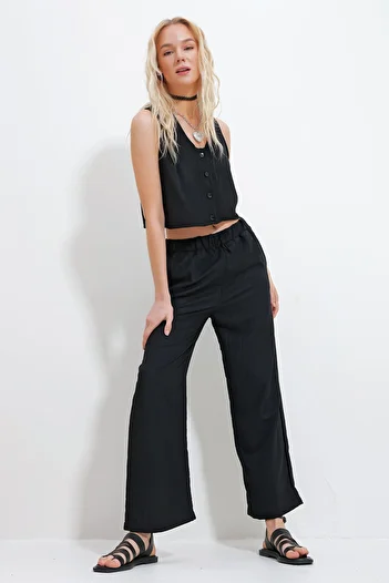 Trend Alaçatı Stili Women's Black V-Neck Button Detailed Blouse and Elastic Waist Palazzo Pants Bottom Top Set Alc-X11738