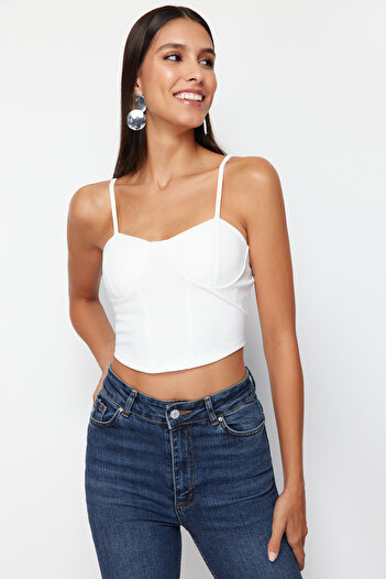 Trendyol Collection White Strappy Crop Knitted Blouse TWOSS24BZ00595