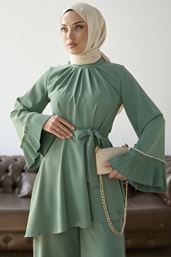 InStyle Pleated Sleeve Belted Double Set - Mint