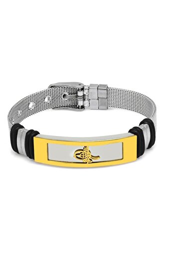 Tesbihane Tuğra Themed Length Adjustable Silver-Gold Color Steel Men's Straw Bracelet