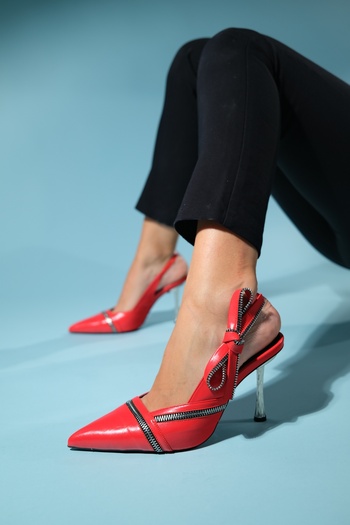LuviShoes GLEN Red Skin Zipper Detailed Women's High Heel Shoes