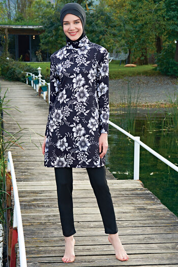 Ruko Maio MIRATES Black and White Floral Patterned Micro Fabric Hijab Swimsuit