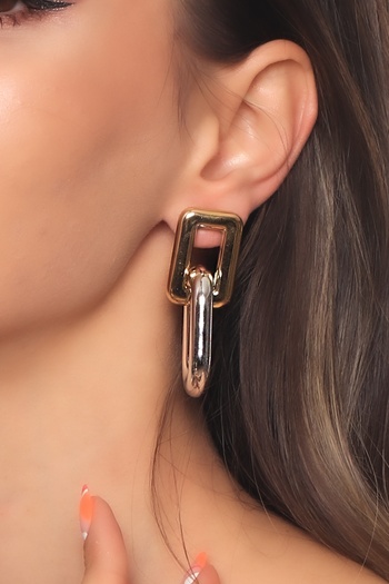 LABALABA Women's Gold & Silver Color Studded Model Interlocking Chain Ring Earrings