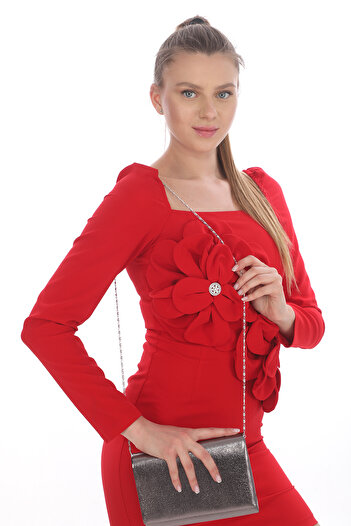 Piedra Platinum Colored Crystal Material Evening Bag with Magnetic Cover, Can Be Used in Hand and with Strap