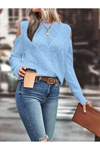 AQE FASHION Pulover de damă, cu gâtul turn, plasă, împletitură de păr, execuție, cu model, detaliată, albastru bebeluș.