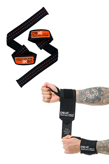 Dex Supports Lasting Energy Sports Wristband Wrist Wraps Black + Weightlifting Strap Straps Orange Set of 2