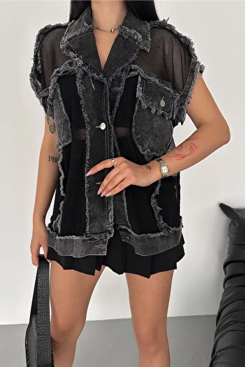 FEMELLE Women's Anthracite Double Pocket Tasseled Mesh Detailed Jean Denim Vest