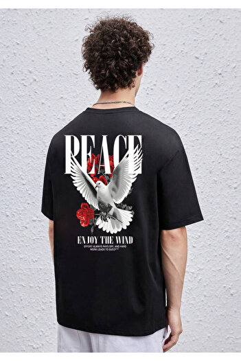 DEEPSENCE Unisex Oversize Peace Dove Back Printed Βαμβακερό T-shirt Μαύρο