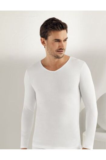 Şahinler Men's White Long Sleeve V-Neck Lycra Single Jersey Undershirt Me075 new