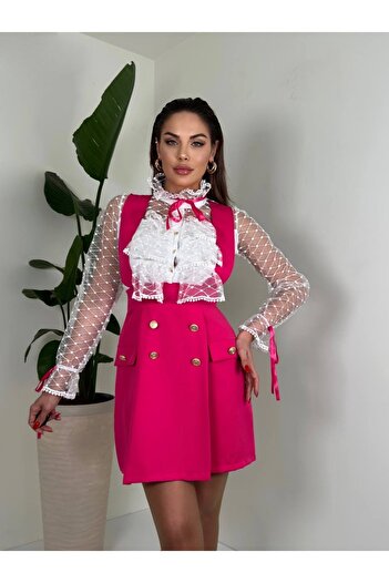 1Moda1Tarz Women's Red Crepe and Chiffon Fabric Ribbon Detail Stand Collar Midi Design Dress with Accessories
