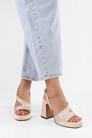 Shoeberry Women's Caden Skin Satin Stone Platform Heeled Shoes