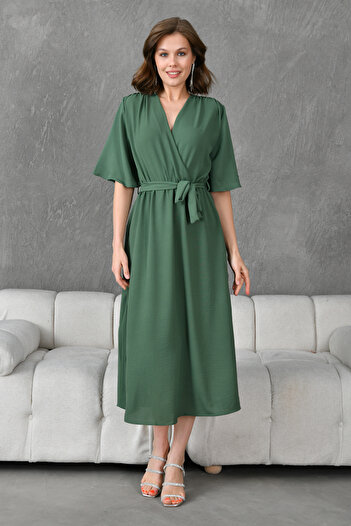 bayansepeti Side Slit Elastic Waist Belted Bat Sleeve Midi Length 130 cm Double Breasted Collar Khaki Dress 097