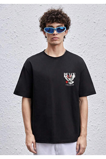 DEEPSENCE Unisex Oversize Peace Dove Back Printed Βαμβακερό T-shirt Μαύρο
