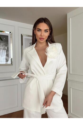 1Moda1Tarz Women's White Atlas Fabric Lined Striped Belted Rose Detailed Design Bottom-Top Set