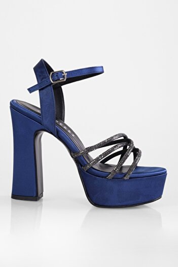 Shoeberry Women's Mersea Navy Blue Satin Stone Platform Heeled Shoes