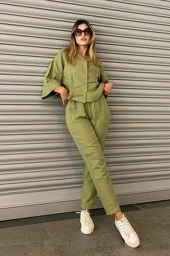 C&City Organic Cotton Muslin Short Shirt Trousers Set 9122 Khaki