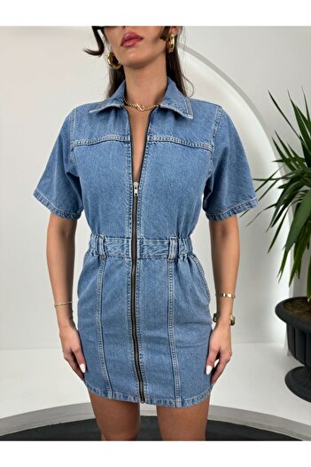 Elif Özbey Butik Rochie din denim cu fermoar în față cu talie elastică