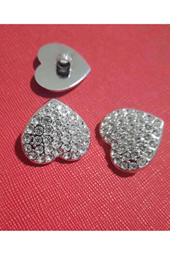 İMREN AKSESUAR 1.5 CM Gray Metallized Heart Crystal Stone Button - 1 Pack 5 Pieces