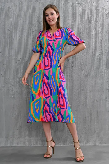 bayansepeti Stretchy Fabric Colorful Printed Double Breasted Collar Midi Length with Belted Back Wrap Cut Summer Dress 100