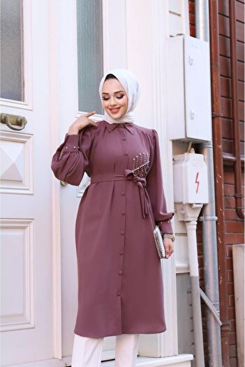 Tesettür Diyarı Women's Hijab Clothing Linda Fabric Stone Detailed Tunic-Dried Rose
