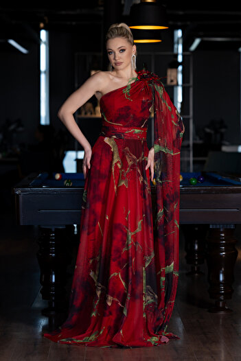 Abiyefon One Shoulder Long Homecoming Dress with Red Shawl - ABU3773