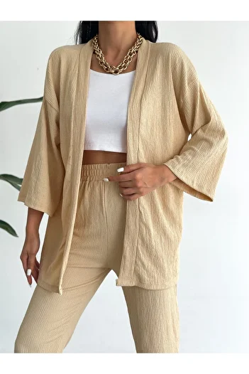 ubmbutik Women's Bottom Top Set - Wrapped Fabric - Rubber Waist - Wide Leg Palazzo Trousers - Kimono Top
