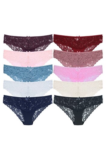 Zena 10 Pack Lace Cotton Fabric Detailed Women's Slip Panties