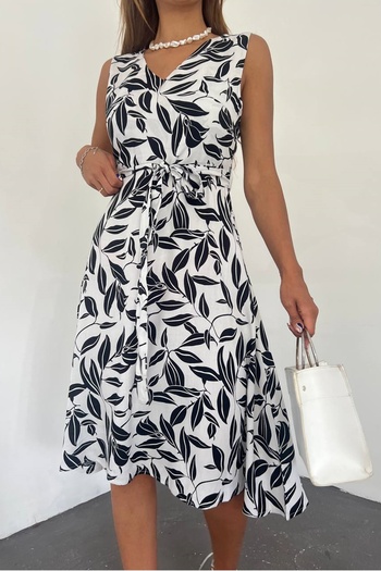 bayansepeti White Leaf Patterned V-Neck Belted Design Sleeveless Flared Midi Dress 10736
