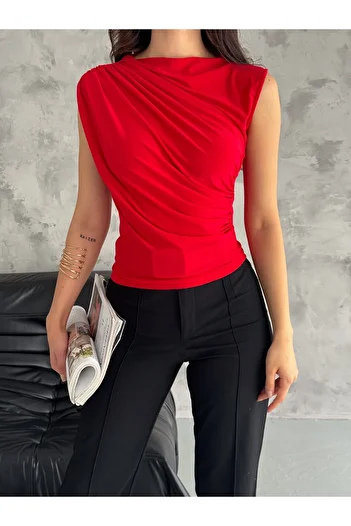 BE CHİC WOMEN'S BOAT NECK SHOULDER AND WAIST STRING DETAIL SLEVELESS SANDY FABRIC BLUZ TR4411