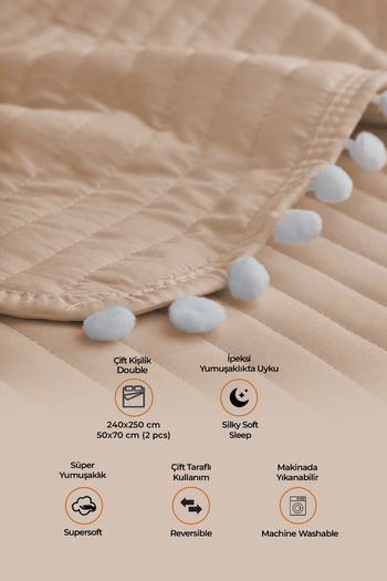 Evlen Home Collection 100% Cotton Double Bedspread Set Pompom Quilted Pique Set Filled Beige