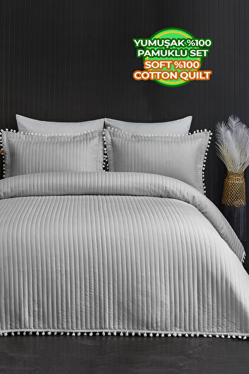 Evlen Home Collection 100% Cotton Double Bedspread Set with Pompom Quilted Pique Set with Filling Gray