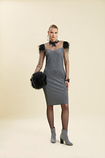 VERDA Feather And Lace Guipure Evening Dress
